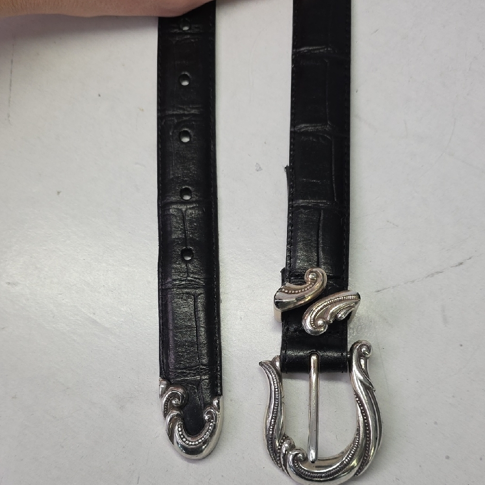 Brighton Embossed Leather Belt with‎ Ornate Silver Scrollwork Buckle